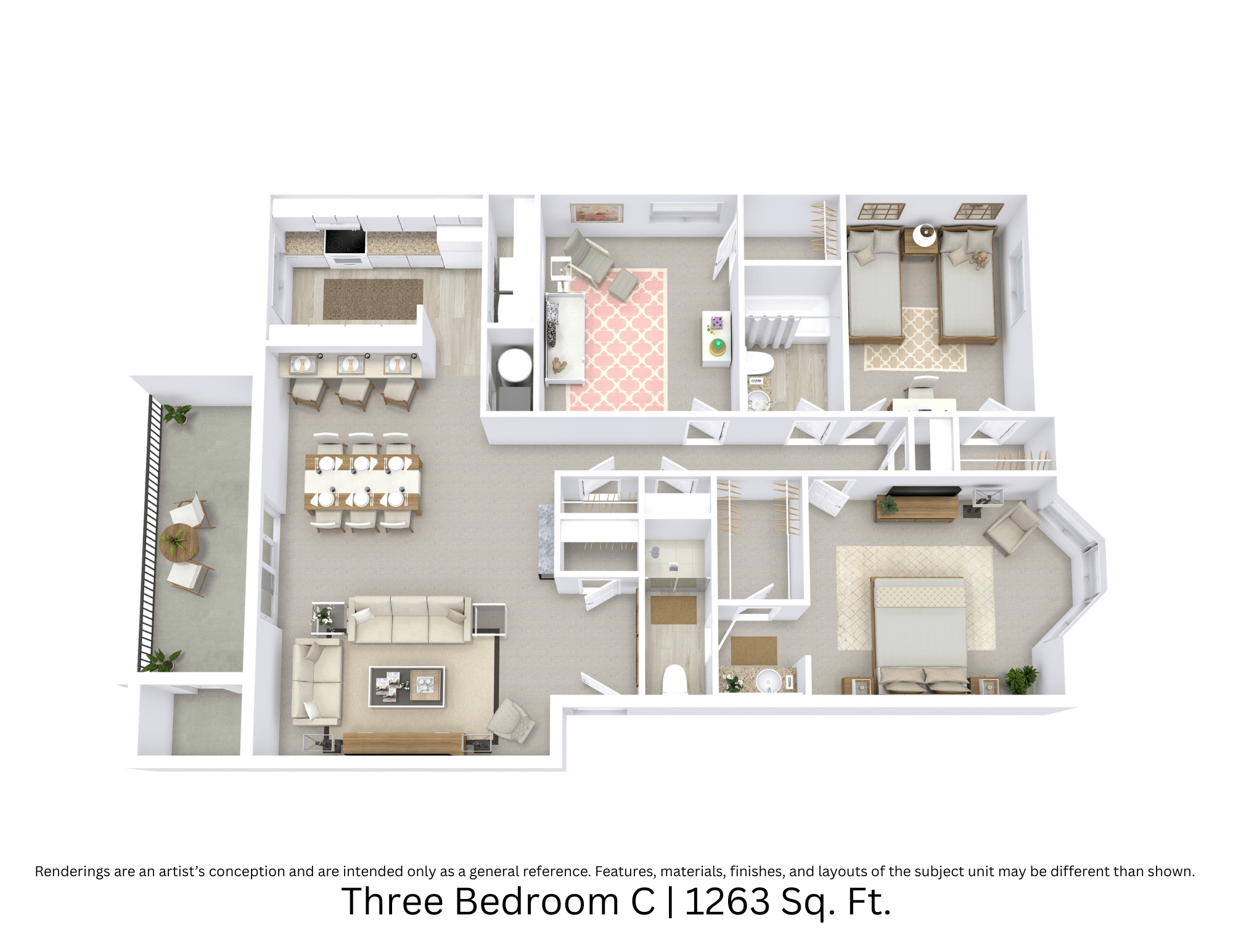Floor plan for 3 beds, 2 baths, 1263 sqft